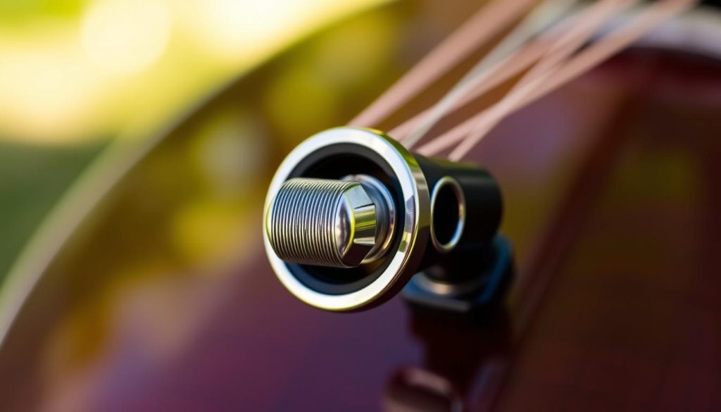 A close-up photograph of a mandolin's endpin jack, captured in natural lighting with a shallow depth of field. The jack's metallic surface reflects the warm, ambient light, casting subtle shadows that accentuate its three-dimensional form. The background is blurred, placing the focus entirely on the intricate details of the endpin connection point, where the electric pickup or preamplifier will be attached. The image conveys a sense of precision and the importance of this crucial component in the process of installing a microphone on a mandolin. A close-up photograph of a mandolin's endpin jack, captured in natural lighting with a shallow depth of field. The jack's metallic surface reflects the warm, ambient light, casting subtle shadows that accentuate its three-dimensional form. The background is blurred, placing the focus entirely on the intricate details of the endpin connection point, where the electric pickup or preamplifier will be attached. The image conveys a sense of precision and the importance of this crucial component in the process of installing a microphone on a mandolin.