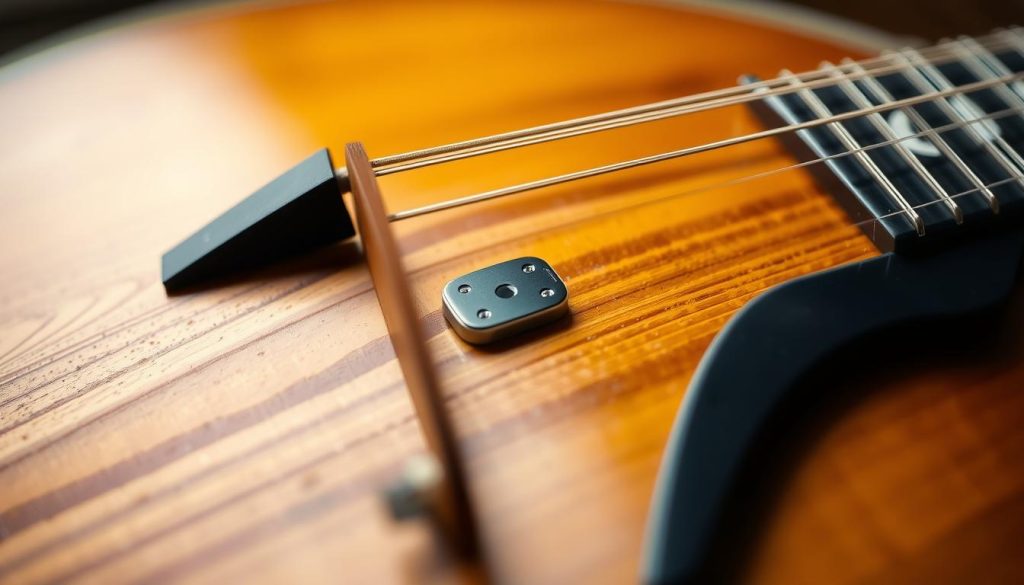 A detailed macro view of a piezoelectric pickup installed under the saddle of a mandolin. The pickup is positioned securely under the saddle, with its thin, flat profile seamlessly integrated into the instrument's design. The mandolin's wooden body is rendered in rich, natural tones, highlighting the craftsmanship. Soft, diffused lighting casts gentle shadows, emphasizing the pickup's form and the instrument's curves. The composition is centered on the saddle area, allowing the viewer to clearly see the placement and integration of the piezo element. The image conveys a sense of precision, functionality, and the harmonious blend of technology and traditional lutherie. A detailed macro view of a piezoelectric pickup installed under the saddle of a mandolin. The pickup is positioned securely under the saddle, with its thin, flat profile seamlessly integrated into the instrument's design. The mandolin's wooden body is rendered in rich, natural tones, highlighting the craftsmanship. Soft, diffused lighting casts gentle shadows, emphasizing the pickup's form and the instrument's curves. The composition is centered on the saddle area, allowing the viewer to clearly see the placement and integration of the piezo element. The image conveys a sense of precision, functionality, and the harmonious blend of technology and traditional lutherie.