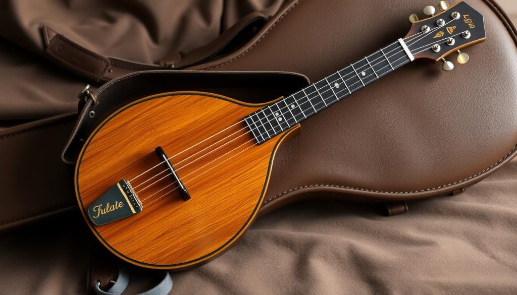 A high-quality, finely crafted mandoline sling resting comfortably against a soft, supple leather case. The sling's thick, padded material provides excellent support and distributes the weight of the instrument evenly across the player's shoulders. Subtle stitching and hardware details add a touch of refined elegance. The case's luxurious texture and muted tones create a sense of sophistication. Soft, diffused lighting illuminates the scene, casting gentle shadows that accentuate the natural curves and contours of the materials. The overall composition conveys a harmonious balance of form, function and aesthetic appeal. A high-quality, finely crafted mandoline sling resting comfortably against a soft, supple leather case. The sling's thick, padded material provides excellent support and distributes the weight of the instrument evenly across the player's shoulders. Subtle stitching and hardware details add a touch of refined elegance. The case's luxurious texture and muted tones create a sense of sophistication. Soft, diffused lighting illuminates the scene, casting gentle shadows that accentuate the natural curves and contours of the materials. The overall composition conveys a harmonious balance of form, function and aesthetic appeal.