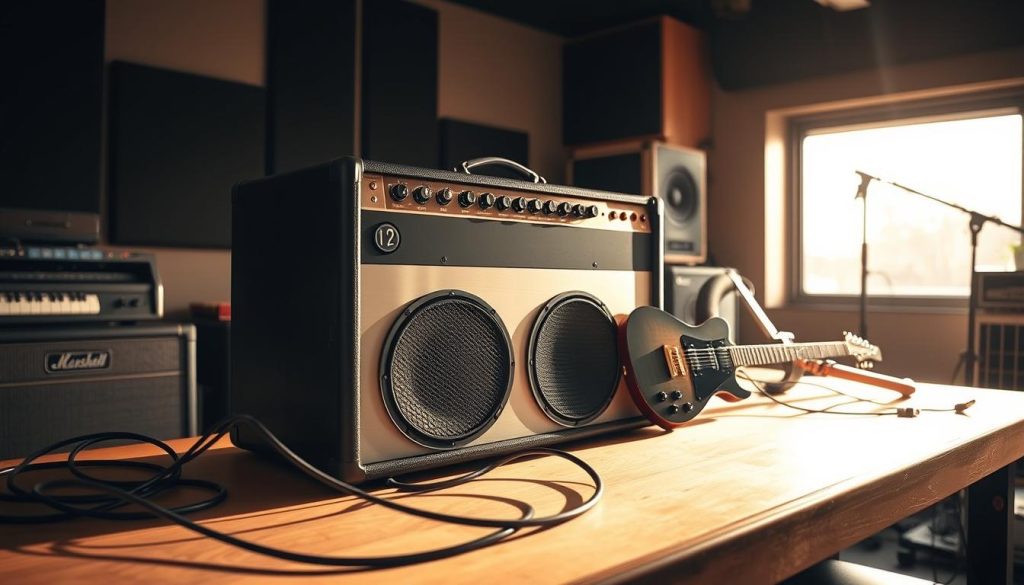 A sleek, modern acoustic-electric amplifier standing prominently on a workbench in a well-lit, professional recording studio. The amp features a brushed metal chassis, subtly backlit control panels, and large, high-fidelity speakers. Cables snake across the table, connecting the amp to a variety of musical instruments. Warm, directional lighting casts dramatic shadows, highlighting the amp's elegant design and sturdy construction. The scene conveys a sense of technical sophistication and creative potential, perfectly suited for the "Amplification, réglages et tests: de l'atelier à l'ampli" section of the article. A sleek, modern acoustic-electric amplifier standing prominently on a workbench in a well-lit, professional recording studio. The amp features a brushed metal chassis, subtly backlit control panels, and large, high-fidelity speakers. Cables snake across the table, connecting the amp to a variety of musical instruments. Warm, directional lighting casts dramatic shadows, highlighting the amp's elegant design and sturdy construction. The scene conveys a sense of technical sophistication and creative potential, perfectly suited for the "Amplification, réglages et tests: de l'atelier à l'ampli" section of the article.