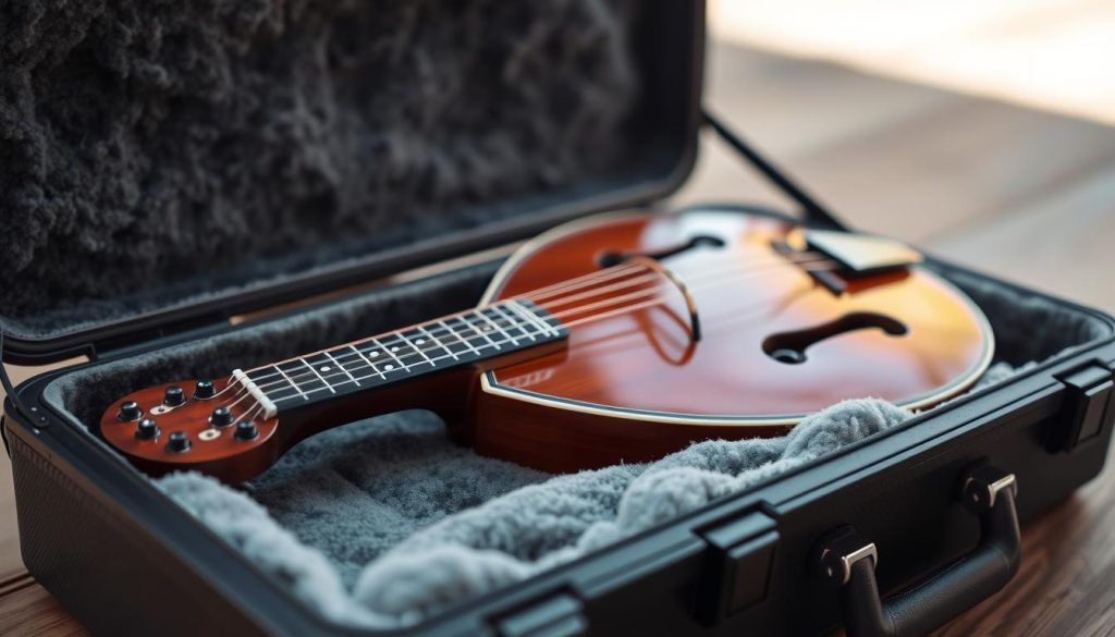 A sturdy, molded rigid case for a mandolin, crafted with precision. The foreground features the étui's sleek, rugged exterior, with a textured surface and reinforced corners for superior protection. In the middle ground, the mandolin itself is visible through the transparent lid, showcasing its elegant curves and gleaming wood finish. The background is softly blurred, placing the focus on the étui's robust construction and its ability to safeguard the cherished musical instrument. The lighting is natural and directional, casting subtle shadows that accentuate the case's contours. The overall mood is one of confident security, reflecting the specialized design made to preserve the mandolin's integrity. A sturdy, molded rigid case for a mandolin, crafted with precision. The foreground features the étui's sleek, rugged exterior, with a textured surface and reinforced corners for superior protection. In the middle ground, the mandolin itself is visible through the transparent lid, showcasing its elegant curves and gleaming wood finish. The background is softly blurred, placing the focus on the étui's robust construction and its ability to safeguard the cherished musical instrument. The lighting is natural and directional, casting subtle shadows that accentuate the case's contours. The overall mood is one of confident security, reflecting the specialized design made to preserve the mandolin's integrity.