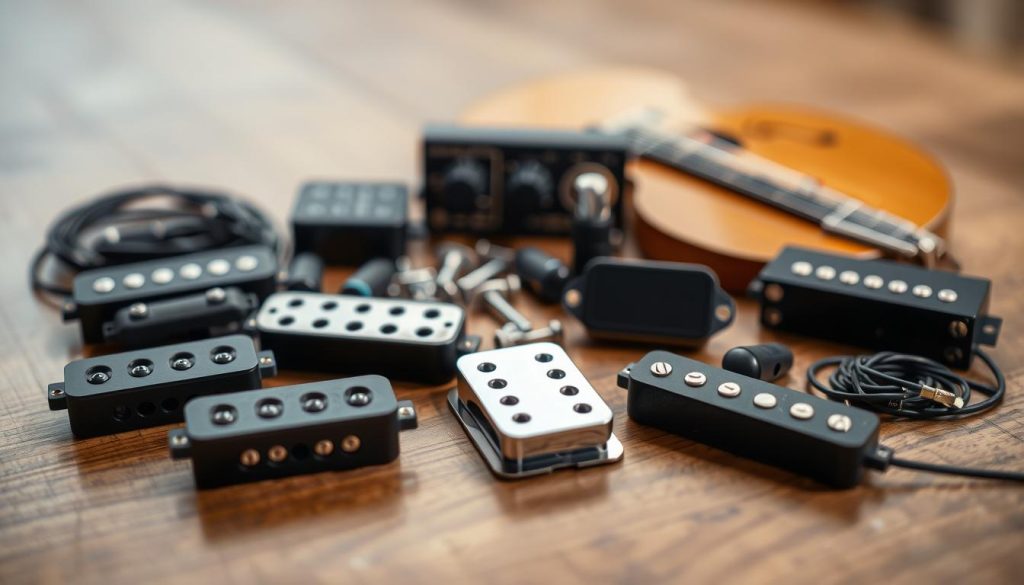 A well-lit, high-resolution close-up photograph of a selection of acoustic and electric mandoline pickups and accessories, arranged on a wooden surface. The foreground features several pickups in different shapes and sizes, showcasing their unique sonic characteristics and construction details. The middle ground includes related items such as preamps, volume/tone controls, and pickup mounting hardware. The background softly blurs out, creating a sense of depth and emphasis on the core components. The overall mood is one of technical precision and careful consideration, inviting the viewer to closely examine the nuances of choosing the right pickup system for their mandoline. A well-lit, high-resolution close-up photograph of a selection of acoustic and electric mandoline pickups and accessories, arranged on a wooden surface. The foreground features several pickups in different shapes and sizes, showcasing their unique sonic characteristics and construction details. The middle ground includes related items such as preamps, volume/tone controls, and pickup mounting hardware. The background softly blurs out, creating a sense of depth and emphasis on the core components. The overall mood is one of technical precision and careful consideration, inviting the viewer to closely examine the nuances of choosing the right pickup system for their mandoline.