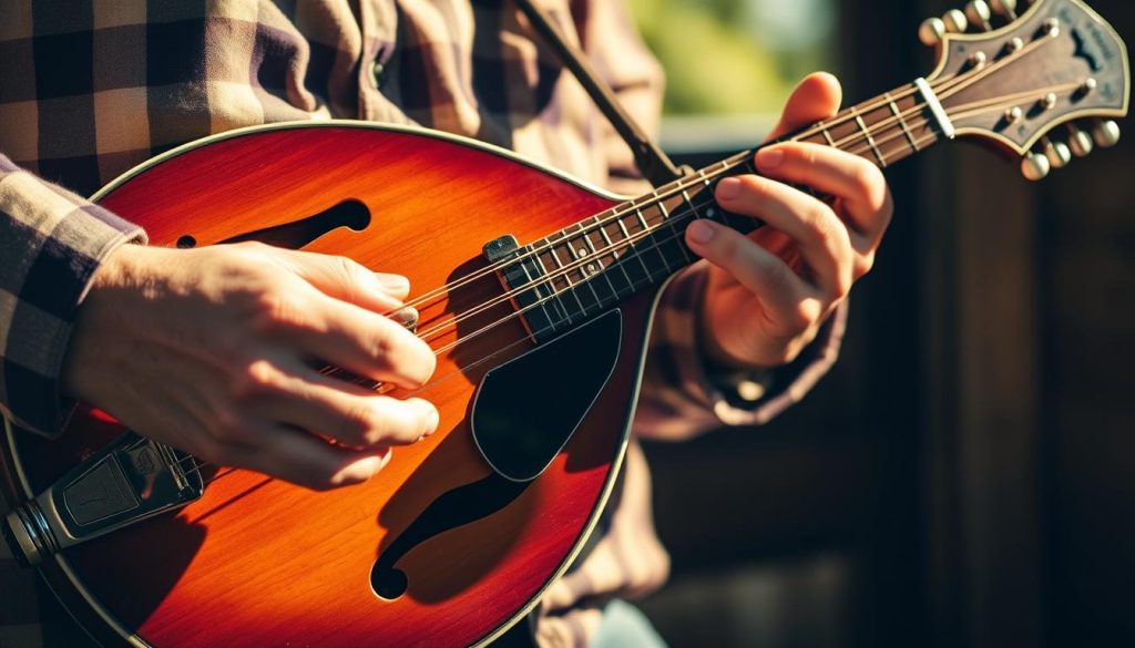 A bluegrass mandolin player performing a rhythmic "chop chord" accompaniment, their fingers deftly plucking the strings in a syncopated groove. The mandolin is held close, its polished wood body and fretboard illuminated by warm, natural lighting, casting dramatic shadows across the player's face. The background is blurred, putting the focus on the mandolinist's skilled technique, their body language conveying the infectious energy of the bluegrass genre. The overall scene evokes a sense of rural Americana, with a touch of vintage charm.