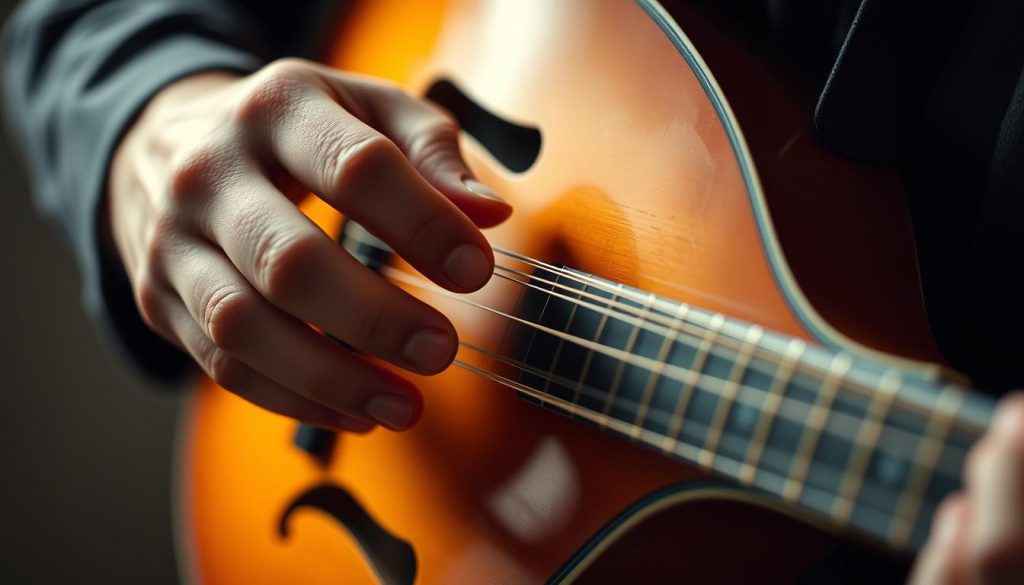 A close-up shot of a musician's left hand delicately positioning a mandolin, the fingers poised with elegant precision on the fingerboard. The instrument's body is rendered in warm, mellow tones, capturing the rich, resonant sound of the French folk tradition. Soft, diffuse lighting highlights the player's deft technique, casting subtle shadows that accentuate the hand's graceful movements. The background is subtly blurred, keeping the focus on the intricate interplay between hand and instrument, conveying the intimate, expressive nature of this specific playing style. A close-up shot of a musician's left hand delicately positioning a mandolin, the fingers poised with elegant precision on the fingerboard. The instrument's body is rendered in warm, mellow tones, capturing the rich, resonant sound of the French folk tradition. Soft, diffuse lighting highlights the player's deft technique, casting subtle shadows that accentuate the hand's graceful movements. The background is subtly blurred, keeping the focus on the intricate interplay between hand and instrument, conveying the intimate, expressive nature of this specific playing style.