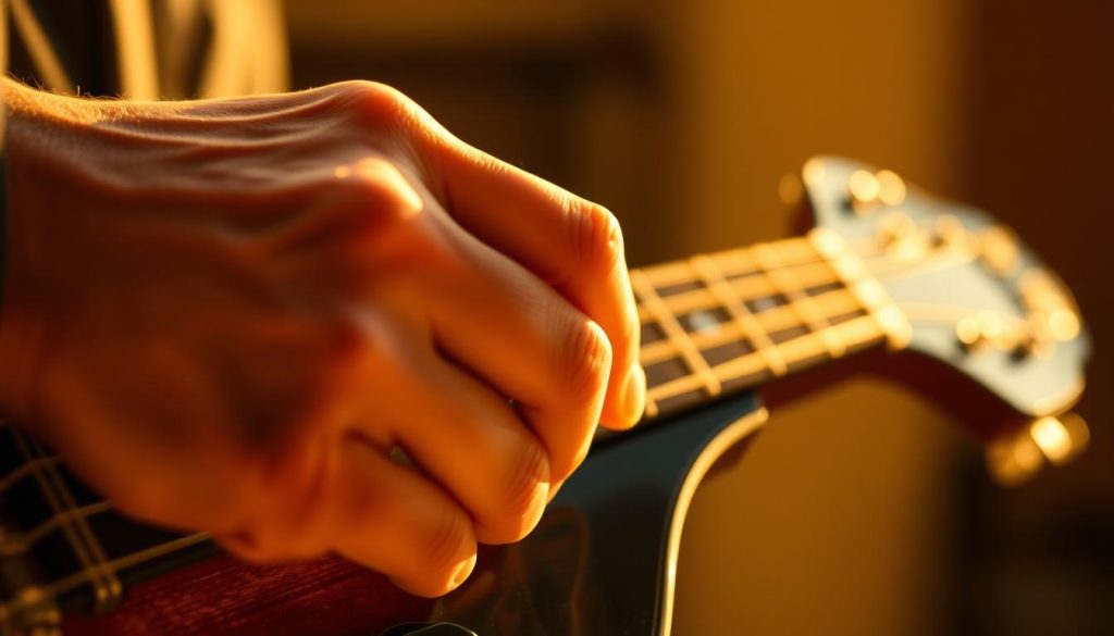 A close-up shot of a skilled musician's right hand delicately plucking the strings of a classic mandolin. The fingers, with carefully manicured nails, dance across the fretboard, effortlessly producing a rich, expressive tone. The angle highlights the intricate picking technique, showcasing the precise control and dexterity required to coax out the instrument's distinctive sound. Warm, golden lighting illuminates the scene, casting subtle shadows that accentuate the nuances of the performance. The background is softly blurred, allowing the viewer to focus solely on the mesmerizing interplay between the hand and the mandolin. A close-up shot of a skilled musician's right hand delicately plucking the strings of a classic mandolin. The fingers, with carefully manicured nails, dance across the fretboard, effortlessly producing a rich, expressive tone. The angle highlights the intricate picking technique, showcasing the precise control and dexterity required to coax out the instrument's distinctive sound. Warm, golden lighting illuminates the scene, casting subtle shadows that accentuate the nuances of the performance. The background is softly blurred, allowing the viewer to focus solely on the mesmerizing interplay between the hand and the mandolin.