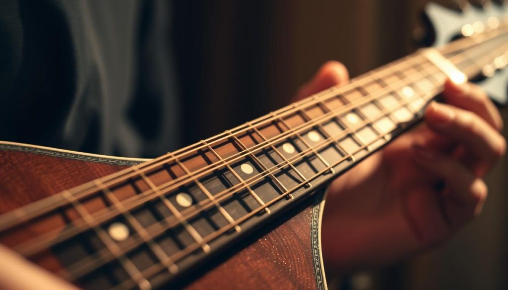 A close-up view of a classical mandolin's fretboard, captured with a shallow depth of field and warm, soft lighting. The fingerboard is adorned with intricate inlays, the frets precisely positioned to guide the player's fingers. Shadows cast by the player's hand create a sense of depth and rhythm, hinting at the melodic cadences that flow from this instrument. The background is subtly blurred, allowing the mandolin's form to be the focal point, showcasing its elegant and dynamic construction. The overall atmosphere evokes the graceful, lilting quality of French folk music, setting the stage for a masterful performance. A close-up view of a classical mandolin's fretboard, captured with a shallow depth of field and warm, soft lighting. The fingerboard is adorned with intricate inlays, the frets precisely positioned to guide the player's fingers. Shadows cast by the player's hand create a sense of depth and rhythm, hinting at the melodic cadences that flow from this instrument. The background is subtly blurred, allowing the mandolin's form to be the focal point, showcasing its elegant and dynamic construction. The overall atmosphere evokes the graceful, lilting quality of French folk music, setting the stage for a masterful performance.