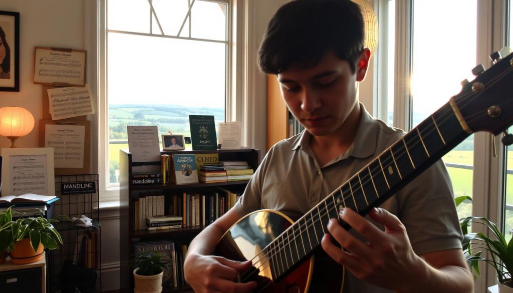 A cozy, well-lit home office with a mandoline player in the foreground, focused on the instrument, their fingers skillfully dancing across the strings. In the middle ground, a bookshelf showcases various mandoline instructional materials, sheet music, and online course resources. The background features a large window overlooking a picturesque French countryside, with soft, warm lighting filtering through. The overall atmosphere conveys a sense of dedicated practice, learning, and a passion for the rhythms of French folk music. A cozy, well-lit home office with a mandoline player in the foreground, focused on the instrument, their fingers skillfully dancing across the strings. In the middle ground, a bookshelf showcases various mandoline instructional materials, sheet music, and online course resources. The background features a large window overlooking a picturesque French countryside, with soft, warm lighting filtering through. The overall atmosphere conveys a sense of dedicated practice, learning, and a passion for the rhythms of French folk music.
