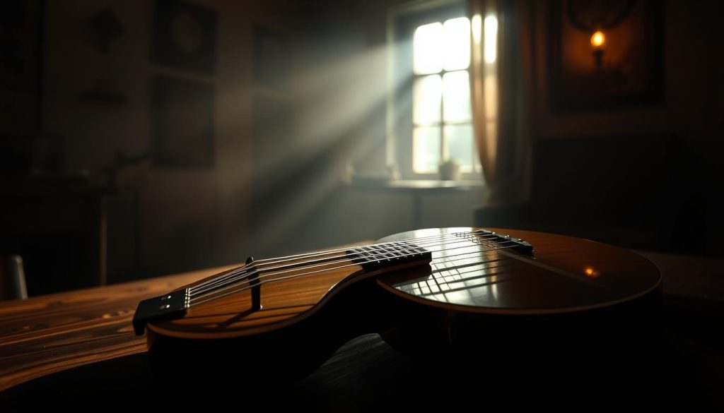 A dimly lit studio with a mandolin resting on a wooden table. The instrument's intricate fretboard and delicate strings are captured in sharp focus, casting captivating rhythmic patterns. The surrounding space is hazy, with muted tones and soft shadows, creating an intimate, atmospheric mood. The camera angle is slightly elevated, emphasizing the mandolin's graceful form and the subtlety of its rhythmic potential. Warm, natural lighting from a nearby window bathes the scene, evoking the ambiance of a French café or a cozy music room. This image showcases the essence of the rhythmic patterns and textures inherent in the mandolin, a quintessential instrument of French folk and popular music. A dimly lit studio with a mandolin resting on a wooden table. The instrument's intricate fretboard and delicate strings are captured in sharp focus, casting captivating rhythmic patterns. The surrounding space is hazy, with muted tones and soft shadows, creating an intimate, atmospheric mood. The camera angle is slightly elevated, emphasizing the mandolin's graceful form and the subtlety of its rhythmic potential. Warm, natural lighting from a nearby window bathes the scene, evoking the ambiance of a French café or a cozy music room. This image showcases the essence of the rhythmic patterns and textures inherent in the mandolin, a quintessential instrument of French folk and popular music.