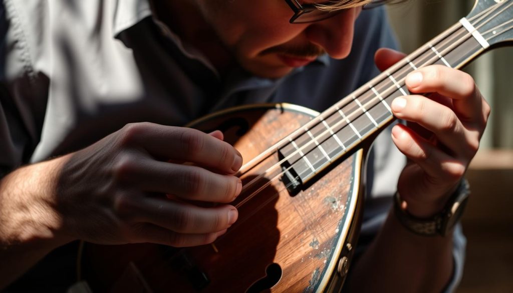 A mandolin player deeply focused on their instrument, the neck grasped firmly as fingers pluck the strings in a rhythmic pattern. Soft natural lighting illuminates the player's hands and the worn, wooden body of the mandolin, casting gentle shadows. The background blurs softly, placing emphasis on the central action. The mood is one of concentration and dedication, as the musician practices their craft intently, lost in the music. A mandolin player deeply focused on their instrument, the neck grasped firmly as fingers pluck the strings in a rhythmic pattern. Soft natural lighting illuminates the player's hands and the worn, wooden body of the mandolin, casting gentle shadows. The background blurs softly, placing emphasis on the central action. The mood is one of concentration and dedication, as the musician practices their craft intently, lost in the music.