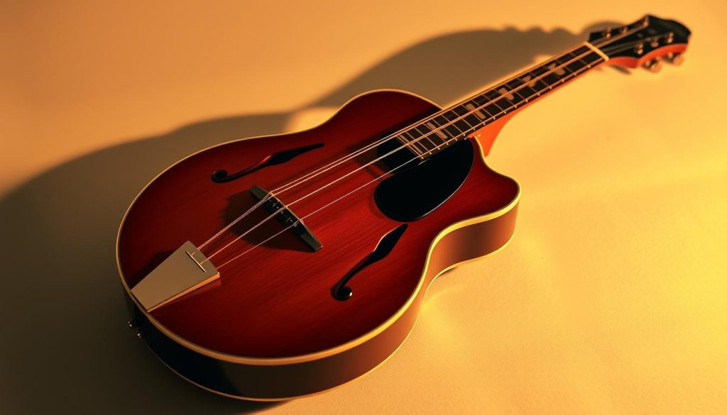 A sleek and modern acoustic-electric mandolin, its body gleaming in the warm studio lighting. The instrument is placed on a simple, minimalist surface, allowing it to be the central focus. The composition emphasizes the clean lines and elegant curves of the mandolin, capturing its essence as a sophisticated musical tool. The lighting casts soft shadows, adding depth and dimension to the scene. The overall mood is one of refined simplicity, inviting the viewer to appreciate the beauty and potential of this electrified mandolin. A sleek and modern acoustic-electric mandolin, its body gleaming in the warm studio lighting. The instrument is placed on a simple, minimalist surface, allowing it to be the central focus. The composition emphasizes the clean lines and elegant curves of the mandolin, capturing its essence as a sophisticated musical tool. The lighting casts soft shadows, adding depth and dimension to the scene. The overall mood is one of refined simplicity, inviting the viewer to appreciate the beauty and potential of this electrified mandolin.