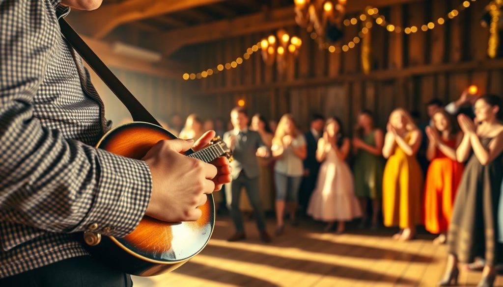A vibrant mandolin performance on a wooden stage, bathed in warm golden light. The musician's hands skillfully plucking the strings, their fingers dancing across the fretboard as they play a lively "Progression en Sol majeur" for a lively folk dance. In the background, a crowd of festive revelers sway and clap in time with the infectious melody. The scene is infused with a rustic, celebratory atmosphere, capturing the joy and energy of a traditional folk ball. A vibrant mandolin performance on a wooden stage, bathed in warm golden light. The musician's hands skillfully plucking the strings, their fingers dancing across the fretboard as they play a lively "Progression en Sol majeur" for a lively folk dance. In the background, a crowd of festive revelers sway and clap in time with the infectious melody. The scene is infused with a rustic, celebratory atmosphere, capturing the joy and energy of a traditional folk ball.
