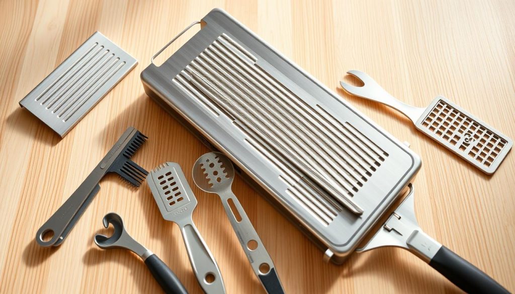 A well-lit, high-quality close-up photograph of a selection of professional-grade kitchen mandoline tools, including a stainless steel mandoline slicer with various julienne and waffle blades, a hand guard, and a catch tray. The tools are arranged on a clean, light-colored wooden surface, with a warm, natural lighting that accentuates the metallic and textural details of the implements. The composition is balanced and focused, conveying a sense of precision, craftsmanship, and the essential tools needed for mastering the art of mandoline slicing. A well-lit, high-quality close-up photograph of a selection of professional-grade kitchen mandoline tools, including a stainless steel mandoline slicer with various julienne and waffle blades, a hand guard, and a catch tray. The tools are arranged on a clean, light-colored wooden surface, with a warm, natural lighting that accentuates the metallic and textural details of the implements. The composition is balanced and focused, conveying a sense of precision, craftsmanship, and the essential tools needed for mastering the art of mandoline slicing.