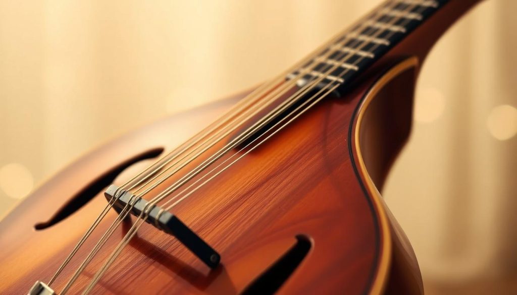 A detailed close-up view of a mandolin, showcasing the intricate arpeggio patterns on the strings. The instrument is positioned in soft, warm lighting, capturing the rich wood grain and polished fretboard. The angle emphasizes the elegant curves and contours of the mandolin, inviting the viewer to appreciate the delicate craftsmanship. In the background, a blurred, ethereal setting evokes the serene atmosphere of a music studio or performance space, allowing the mandolin to take center stage. The overall composition and mood convey the beauty and grace of the arpeggio exercises featured in the article. A detailed close-up view of a mandolin, showcasing the intricate arpeggio patterns on the strings. The instrument is positioned in soft, warm lighting, capturing the rich wood grain and polished fretboard. The angle emphasizes the elegant curves and contours of the mandolin, inviting the viewer to appreciate the delicate craftsmanship. In the background, a blurred, ethereal setting evokes the serene atmosphere of a music studio or performance space, allowing the mandolin to take center stage. The overall composition and mood convey the beauty and grace of the arpeggio exercises featured in the article.