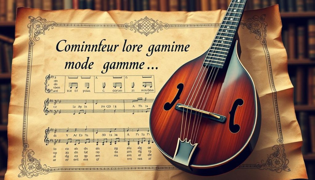 A detailed, hand-drawn musical mode chart on aged parchment, illuminated with intricate geometric patterns and elegant calligraphic text. The foreground features a prominently displayed "Construire mode gamme" title, surrounded by neatly organized diagrams illustrating the construction of various modes, including dorian and mixolydian. The middle ground showcases a meticulously rendered mandolin, its polished finish reflecting the warm, muted lighting from above. The background depicts a softly blurred, antique library setting, hinting at the academic nature of the subject. The overall composition conveys a sense of timeless musicality and scholarly exploration. A detailed, hand-drawn musical mode chart on aged parchment, illuminated with intricate geometric patterns and elegant calligraphic text. The foreground features a prominently displayed "Construire mode gamme" title, surrounded by neatly organized diagrams illustrating the construction of various modes, including dorian and mixolydian. The middle ground showcases a meticulously rendered mandolin, its polished finish reflecting the warm, muted lighting from above. The background depicts a softly blurred, antique library setting, hinting at the academic nature of the subject. The overall composition conveys a sense of timeless musicality and scholarly exploration.
