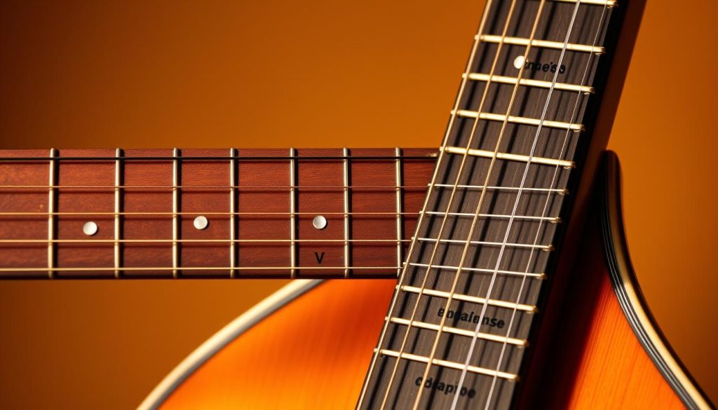 A detailed, high-resolution image of the musical scale "gamme majeure" (major scale), showcased on a vintage mandolin fretboard. The mandolin is positioned in a warm, golden-hued studio setting, with soft lighting illuminating the intricate fretwork and strings. The major scale is displayed as a series of clearly defined, evenly spaced notes along the fingerboard, with the tonal degrees (I, II, III, IV, V, VI, VII) subtly indicated. The image conveys a sense of musical theory and education, inviting the viewer to explore the fundamentals of modal playing on the mandolin. A detailed, high-resolution image of the musical scale "gamme majeure" (major scale), showcased on a vintage mandolin fretboard. The mandolin is positioned in a warm, golden-hued studio setting, with soft lighting illuminating the intricate fretwork and strings. The major scale is displayed as a series of clearly defined, evenly spaced notes along the fingerboard, with the tonal degrees (I, II, III, IV, V, VI, VII) subtly indicated. The image conveys a sense of musical theory and education, inviting the viewer to explore the fundamentals of modal playing on the mandolin.