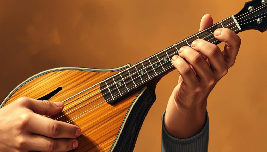 A detailed illustration of the Dorian mode on a classical mandolin. Set against a warm, earthy backdrop, the mandolin takes center stage, its intricate wood grain and gleaming strings capturing the instrument's timeless beauty. The lighting is soft and diffused, creating a contemplative, almost meditative atmosphere. The mandolin's neck extends gracefully, its fretboard marked with the distinctive intervals of the Dorian mode. The player's hands are in focus, delicately plucking the strings, conveying the mode's soulful, pensive character. The composition is balanced and harmonious, inviting the viewer to immerse themselves in the evocative sounds of this ancient musical mode. A detailed illustration of the Dorian mode on a classical mandolin. Set against a warm, earthy backdrop, the mandolin takes center stage, its intricate wood grain and gleaming strings capturing the instrument's timeless beauty. The lighting is soft and diffused, creating a contemplative, almost meditative atmosphere. The mandolin's neck extends gracefully, its fretboard marked with the distinctive intervals of the Dorian mode. The player's hands are in focus, delicately plucking the strings, conveying the mode's soulful, pensive character. The composition is balanced and harmonious, inviting the viewer to immerse themselves in the evocative sounds of this ancient musical mode.