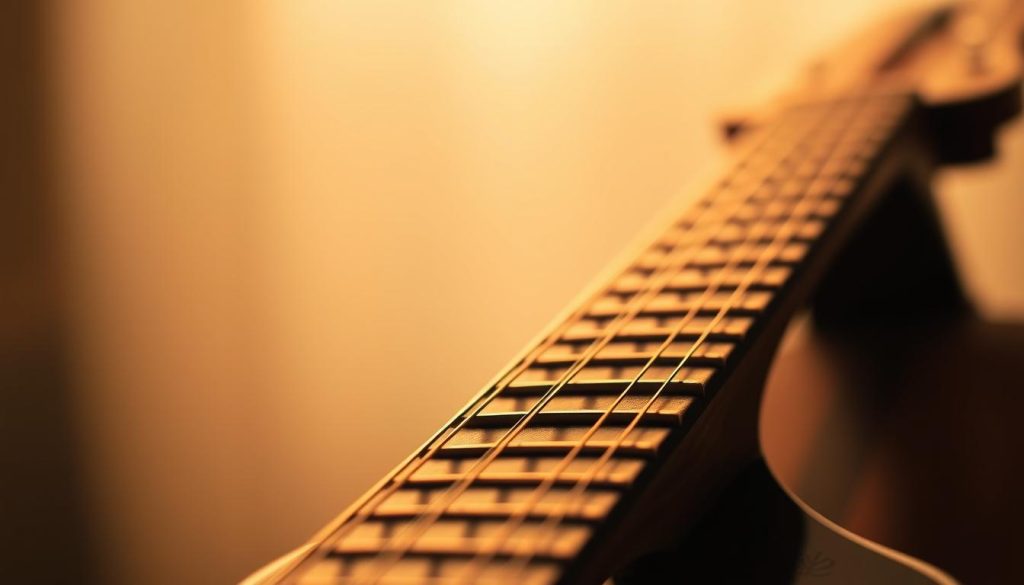 A mandolin fretboard against a soft, blurred backdrop, bathed in warm, golden light. The fingerboard features distinct fret positions, suggesting the "mode sol mixolydien" scale pattern. The strings are slightly out of focus, emphasizing the textural details of the worn, wooden neck. The overall composition conveys a sense of musical contemplation and the tactile experience of playing the mandolin. A mandolin fretboard against a soft, blurred backdrop, bathed in warm, golden light. The fingerboard features distinct fret positions, suggesting the "mode sol mixolydien" scale pattern. The strings are slightly out of focus, emphasizing the textural details of the worn, wooden neck. The overall composition conveys a sense of musical contemplation and the tactile experience of playing the mandolin.