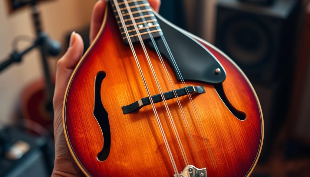 A mandolin held in the center of the frame, its four strings in clear focus - an "accord G-D-A-E" arrangement, the essential tuning for the instrument. The wood grain and metallic hardware catch the warm, directional light, conveying a sense of craftsmanship and care. The mandolin is set against a softly blurred background, hinting at a cozy, intimate setting - perhaps a practice room or recording studio. The overall mood is one of quiet contemplation, inviting the viewer to imagine the harmonious melodies that could be coaxed from this finely tuned instrument. A mandolin held in the center of the frame, its four strings in clear focus - an "accord G-D-A-E" arrangement, the essential tuning for the instrument. The wood grain and metallic hardware catch the warm, directional light, conveying a sense of craftsmanship and care. The mandolin is set against a softly blurred background, hinting at a cozy, intimate setting - perhaps a practice room or recording studio. The overall mood is one of quiet contemplation, inviting the viewer to imagine the harmonious melodies that could be coaxed from this finely tuned instrument.