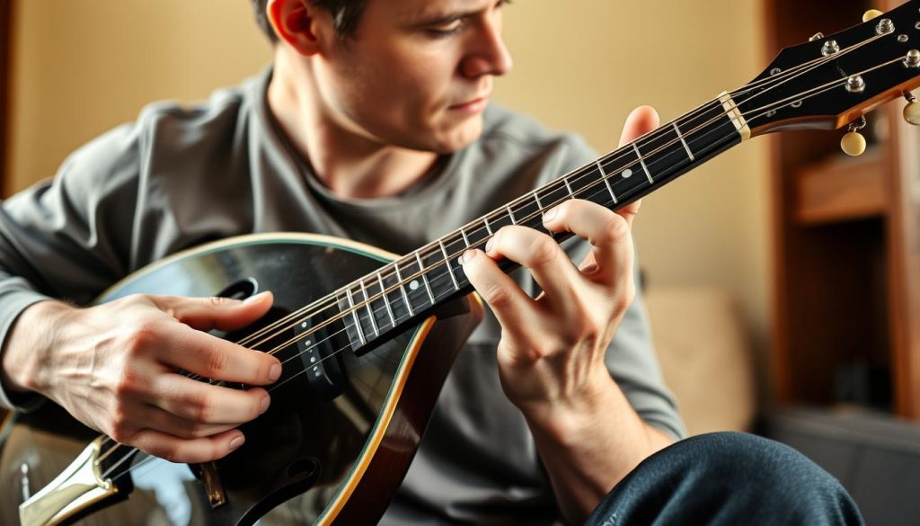 A mandolin player's fingers deftly plucking the strings, creating intricate arpeggio patterns that dance across the fretboard. The player is seated in a cozy, well-lit studio, their face in profile, intense concentration etched on their features. The background is softly blurred, allowing the viewer to focus on the performer's hands and the mandolin's graceful curves. The lighting is warm and natural, casting a gentle glow on the scene, evoking a sense of musicality and artistry. The composition is balanced, with the mandolin taking up the central focus, surrounded by negative space that allows the details to shine. The overall mood is one of focused, skilled performance, showcasing the application of arpeggio techniques in a real-world musical context. A mandolin player's fingers deftly plucking the strings, creating intricate arpeggio patterns that dance across the fretboard. The player is seated in a cozy, well-lit studio, their face in profile, intense concentration etched on their features. The background is softly blurred, allowing the viewer to focus on the performer's hands and the mandolin's graceful curves. The lighting is warm and natural, casting a gentle glow on the scene, evoking a sense of musicality and artistry. The composition is balanced, with the mandolin taking up the central focus, surrounded by negative space that allows the details to shine. The overall mood is one of focused, skilled performance, showcasing the application of arpeggio techniques in a real-world musical context.