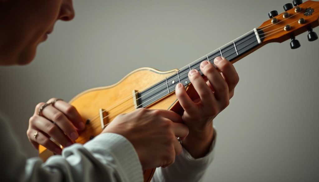 A mandoline being held like a violin, with the player's fingers delicately plucking the strings. The instrument is finely crafted, with intricate details on the wooden body and a warm, natural finish. Soft, diffused lighting illuminates the scene, casting subtle shadows that accentuate the curves and contours of the mandoline. The player's posture is relaxed yet focused, their expression one of deep concentration as they expertly navigate the unique fingering required for this adapted playing style. The background is blurred, drawing the viewer's attention solely to the mandoline and the skilled performance. A mandoline being held like a violin, with the player's fingers delicately plucking the strings. The instrument is finely crafted, with intricate details on the wooden body and a warm, natural finish. Soft, diffused lighting illuminates the scene, casting subtle shadows that accentuate the curves and contours of the mandoline. The player's posture is relaxed yet focused, their expression one of deep concentration as they expertly navigate the unique fingering required for this adapted playing style. The background is blurred, drawing the viewer's attention solely to the mandoline and the skilled performance.