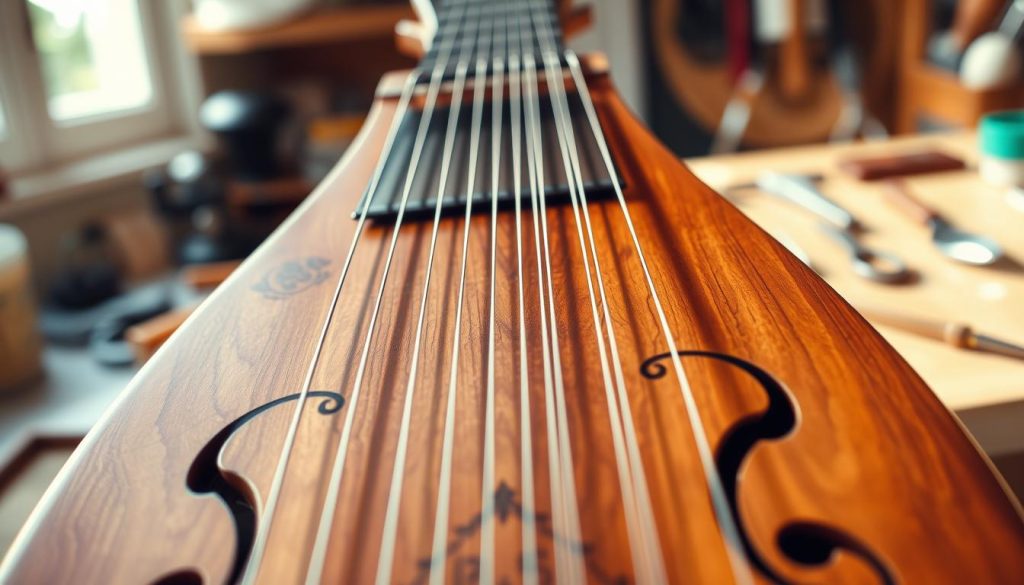 A meticulously crafted mandoline in the foreground, its sharp blades gleaming under soft, natural lighting. The instrument's wooden body, with intricate inlays and a polished finish, is the central focus. In the middle ground, the strings are delicately tensioned, highlighting the differences between the 4-string and 8-string mandoline variants. The background is a warm, inviting workspace, with tools and accessories suggesting the skilled luthier's touch. The overall composition conveys the precision, craftsmanship, and attention to detail required to properly tune and maintain this traditional musical instrument. A meticulously crafted mandoline in the foreground, its sharp blades gleaming under soft, natural lighting. The instrument's wooden body, with intricate inlays and a polished finish, is the central focus. In the middle ground, the strings are delicately tensioned, highlighting the differences between the 4-string and 8-string mandoline variants. The background is a warm, inviting workspace, with tools and accessories suggesting the skilled luthier's touch. The overall composition conveys the precision, craftsmanship, and attention to detail required to properly tune and maintain this traditional musical instrument.
