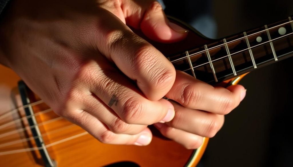 A musician's left hand deftly navigating the strings of a mandolin, fingers gracefully curling and extending with practiced precision. The instrument's polished wooden body gleams under warm, focused lighting, casting subtle shadows that accentuate the intricate fingerwork. The player's hand is captured in a mid-close-up, highlighting the delicate, nimble movements as they explore the mandolin's distinctive scale patterns. The background is slightly blurred, drawing the viewer's attention to the technical mastery on display, the essence of "doigté main gauche mandoline" - the essential left-hand technique for playing major and minor scales on the mandolin. A musician's left hand deftly navigating the strings of a mandolin, fingers gracefully curling and extending with practiced precision. The instrument's polished wooden body gleams under warm, focused lighting, casting subtle shadows that accentuate the intricate fingerwork. The player's hand is captured in a mid-close-up, highlighting the delicate, nimble movements as they explore the mandolin's distinctive scale patterns. The background is slightly blurred, drawing the viewer's attention to the technical mastery on display, the essence of "doigté main gauche mandoline" - the essential left-hand technique for playing major and minor scales on the mandolin.