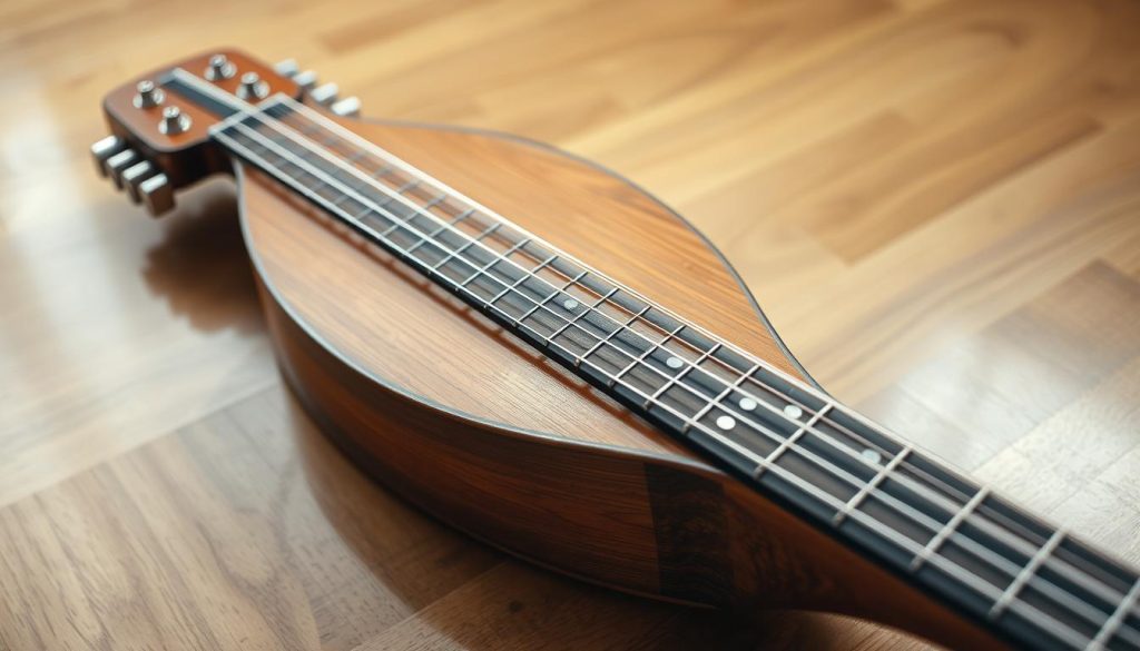 A well-lit, high-resolution image of a mandoline, its neck (manche) and fretboard prominently displayed on a smooth, wooden table. The mandoline should have a classic, vintage appearance, with a warm, natural wood grain and a polished, gleaming surface. Capture the intricate details of the instrument's construction, including the precisely placed frets, the delicate curves of the neck, and the fine craftsmanship of the body. The lighting should create soft, diffused shadows and highlights, emphasizing the mandoline's elegant form and the tactile quality of the materials. The image should convey a sense of precision, craftsmanship, and the essential elements of a mandoline, suitable for an article on the differences between 4-string and 8-string models. A well-lit, high-resolution image of a mandoline, its neck (manche) and fretboard prominently displayed on a smooth, wooden table. The mandoline should have a classic, vintage appearance, with a warm, natural wood grain and a polished, gleaming surface. Capture the intricate details of the instrument's construction, including the precisely placed frets, the delicate curves of the neck, and the fine craftsmanship of the body. The lighting should create soft, diffused shadows and highlights, emphasizing the mandoline's elegant form and the tactile quality of the materials. The image should convey a sense of precision, craftsmanship, and the essential elements of a mandoline, suitable for an article on the differences between 4-string and 8-string models.