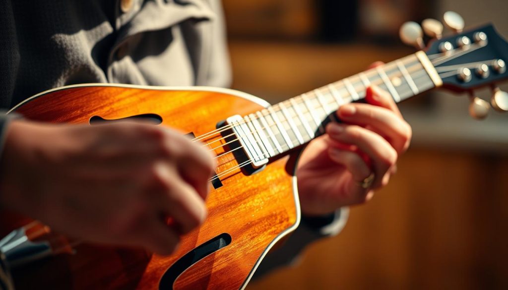 Improvisation harmonie arpèges: a mandolin player improvising over flowing arpeggio patterns, creating a harmonious and captivating musical performance. The foreground features the player's hands deftly plucking the strings, while the middle ground showcases the instrument's intricate details. The background is softly blurred, creating a sense of focus and artistic expression. The lighting is warm and natural, casting a serene glow over the scene. The overall mood is one of musical fluidity, creativity, and the joy of improvisation. Improvisation harmonie arpèges: a mandolin player improvising over flowing arpeggio patterns, creating a harmonious and captivating musical performance. The foreground features the player's hands deftly plucking the strings, while the middle ground showcases the instrument's intricate details. The background is softly blurred, creating a sense of focus and artistic expression. The lighting is warm and natural, casting a serene glow over the scene. The overall mood is one of musical fluidity, creativity, and the joy of improvisation.