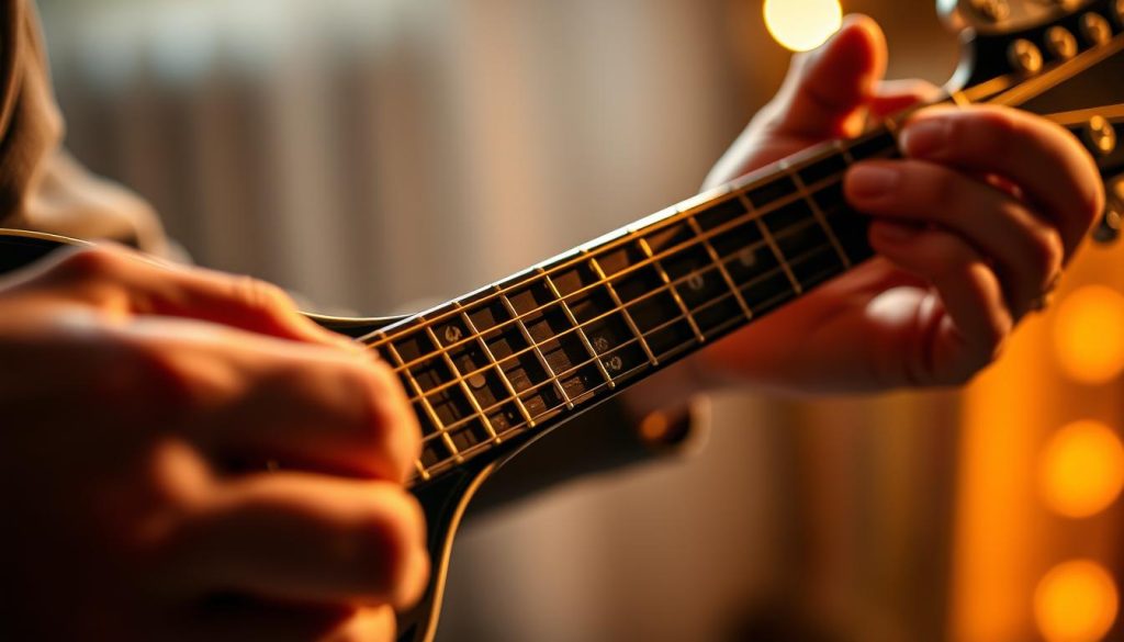 Transposition on a mandolin: A captivating scene of a musician's hands skillfully maneuvering the strings, effortlessly shifting between keys. The fingerboard is in sharp focus, the fretboard illuminated by warm, directional lighting, casting dramatic shadows that accentuate the intricate finger movements. In the background, a blurred, softened environment suggests an intimate musical setting, hinting at the melodic journey unfolding. The overall composition conveys a sense of fluidity and mastery, capturing the essence of the "Transposer à la mandoline : méthodes rapides" technique. Transposition on a mandolin: A captivating scene of a musician's hands skillfully maneuvering the strings, effortlessly shifting between keys. The fingerboard is in sharp focus, the fretboard illuminated by warm, directional lighting, casting dramatic shadows that accentuate the intricate finger movements. In the background, a blurred, softened environment suggests an intimate musical setting, hinting at the melodic journey unfolding. The overall composition conveys a sense of fluidity and mastery, capturing the essence of the "Transposer à la mandoline : méthodes rapides" technique.