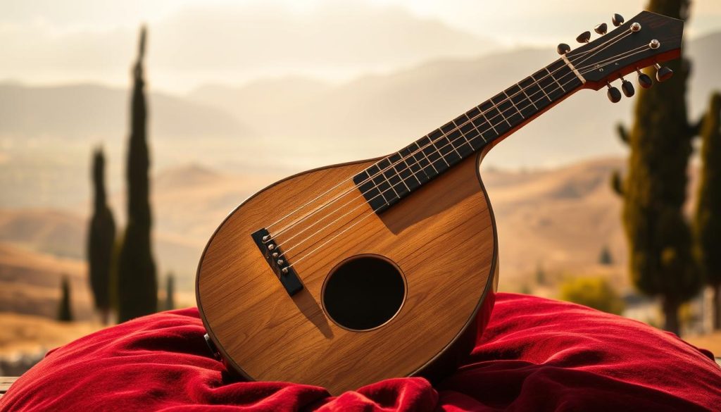 A beautifully crafted mandoline, its intricate soundhole and delicate wooden frame bathed in warm, golden light. Resting on a plush, burgundy velvet surface, its strings glisten invitingly, beckoning the viewer to pluck its melancholic yet captivating tones. In the background, a hazy, dreamlike Neapolitan landscape unfolds, with rolling hills, cypress trees, and a hint of the azure Mediterranean sea. The overall atmosphere evokes the rich cultural heritage and timeless allure of Neapolitan music, where the mandoline reigns supreme as the quintessential instrument of passion and nostalgia.