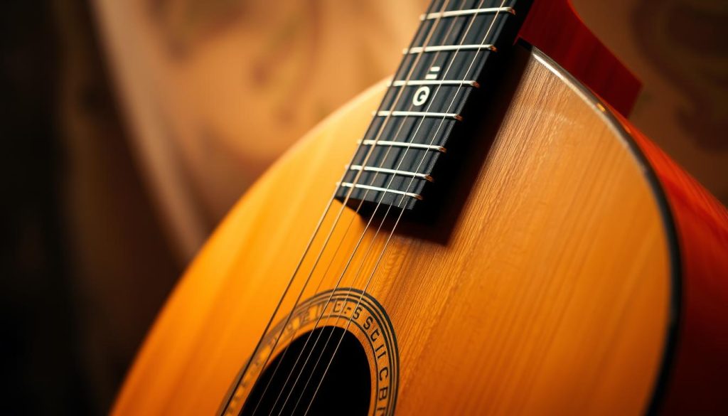 A close-up shot of a high-quality wooden mandoline, its sleek and elegant design capturing the essence of Neapolitan music. The instrument is set against a soft, atmospheric backdrop, with warm lighting highlighting the intricate details of the fretboard and the polished metal accents. The composition emphasizes the mandoline's central role in the French festival scene, where virtuosic musicians showcase their mastery of this iconic string instrument. The overall mood is one of artistry, tradition, and the enduring power of Neapolitan musical heritage.