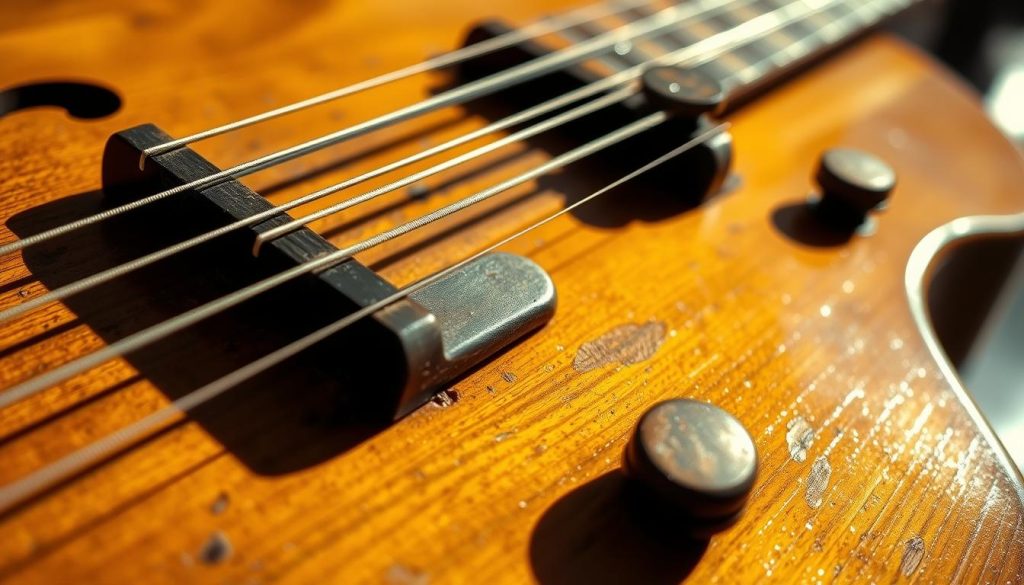 A close-up view of a well-worn, vintage mandoline with intricate, aged wooden fretboard and tuning pegs. The strings are highlighted, showcasing their delicate interweaving against the warm, honey-toned finish of the instrument. Soft, directional lighting casts gentle shadows, emphasizing the mandoline's elegant curves and contours. The image captures the tactile, artisanal quality of this beloved musical tool, inviting the viewer to imagine the rich, resonant tones it produces. A close-up view of a well-worn, vintage mandoline with intricate, aged wooden fretboard and tuning pegs. The strings are highlighted, showcasing their delicate interweaving against the warm, honey-toned finish of the instrument. Soft, directional lighting casts gentle shadows, emphasizing the mandoline's elegant curves and contours. The image captures the tactile, artisanal quality of this beloved musical tool, inviting the viewer to imagine the rich, resonant tones it produces.