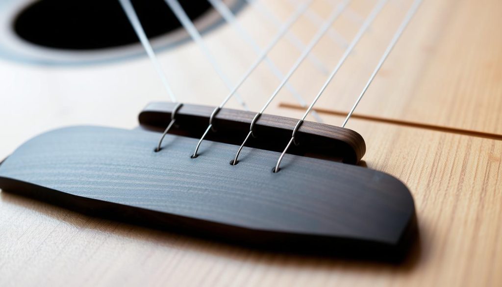 A detailed close-up of a classical mandoline guitar's bridge, also known as a "chevalet". The bridge is the raised, movable component that supports the strings and transfers their vibrations to the instrument's body. The bridge is made of dark, richly-grained wood, with a sleek, minimalist design. The strings pass over the bridge's individual saddles, which can be adjusted to fine-tune the instrument's intonation. Muted, natural lighting highlights the bridge's smooth, elegant curves and the intricate grain patterns in the wood. The composition emphasizes the bridge's importance as a critical component for achieving the mandoline's signature sound and playability. A detailed close-up of a classical mandoline guitar's bridge, also known as a "chevalet". The bridge is the raised, movable component that supports the strings and transfers their vibrations to the instrument's body. The bridge is made of dark, richly-grained wood, with a sleek, minimalist design. The strings pass over the bridge's individual saddles, which can be adjusted to fine-tune the instrument's intonation. Muted, natural lighting highlights the bridge's smooth, elegant curves and the intricate grain patterns in the wood. The composition emphasizes the bridge's importance as a critical component for achieving the mandoline's signature sound and playability.