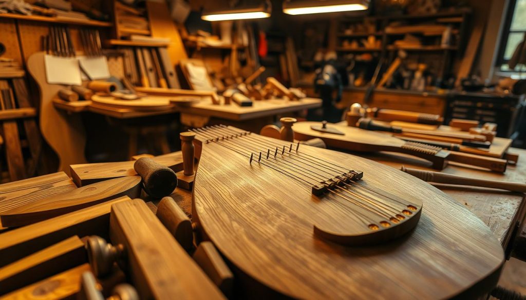 A detailed fabrication assemblage showcasing the intricate process of mandoline lutherie. In the foreground, an array of carefully selected wood pieces in varying grains and hues, awaiting precise joinery. The middle ground features delicate tools and jigs used to shape and fit the components, conveying the precision required. In the background, a well-lit workshop setting with a sense of focused activity, evoking the dedicated craftsmanship involved in this specialized field. Warm lighting casts a golden glow, highlighting the natural beauty of the materials and the meticulous attention to detail. The overall atmosphere conveys the intersection of tradition, technique, and a deep appreciation for the art of mandoline construction.