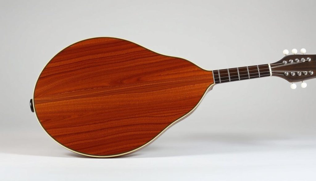 A detailed view of the back, sides, and neck of a classical mandolin, showcasing the intricate woodworking and construction. The back (dos) is a richly grained piece of solid tonewood, while the sides (éclisses) flow gracefully, joining the neck seamlessly. The neck and fingerboard are made of smooth, dense hardwood, ready to support the delicate strings. Soft, directional lighting highlights the natural textures and subtle curves, evoking the care and craftsmanship involved in lutherie. The image conveys the essential components of a mandolin's structure and their critical role in shaping the instrument's iconic sound.