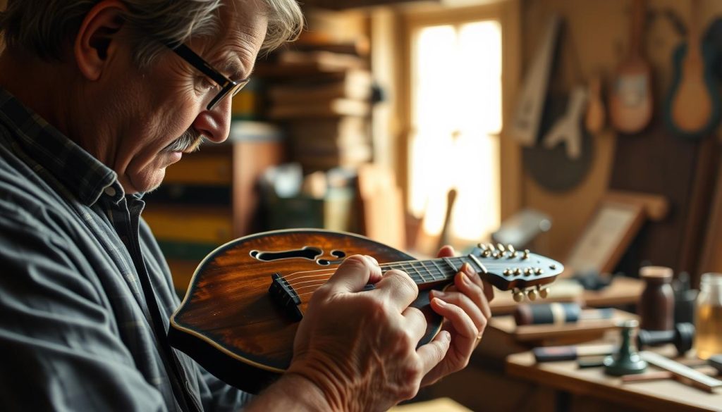 A skilled luthier meticulously examines a vintage mandolin, illuminated by soft, natural lighting filtering through a workshop window. The luthier's experienced hands delicately navigate the instrument's intricate curves, assessing its condition with a keen eye for detail. In the middle ground, various tools and workbenches hint at the luthier's specialized craft, while the background fades into a warm, cozy atmosphere, conveying the tranquility and focus required for this precise and thoughtful undertaking. The scene evokes a sense of reverence and care for the instrument, hinting at the luthier's ability to skillfully diagnose and address any issues, ensuring the mandolin's continued playability and preservation. A skilled luthier meticulously examines a vintage mandolin, illuminated by soft, natural lighting filtering through a workshop window. The luthier's experienced hands delicately navigate the instrument's intricate curves, assessing its condition with a keen eye for detail. In the middle ground, various tools and workbenches hint at the luthier's specialized craft, while the background fades into a warm, cozy atmosphere, conveying the tranquility and focus required for this precise and thoughtful undertaking. The scene evokes a sense of reverence and care for the instrument, hinting at the luthier's ability to skillfully diagnose and address any issues, ensuring the mandolin's continued playability and preservation.