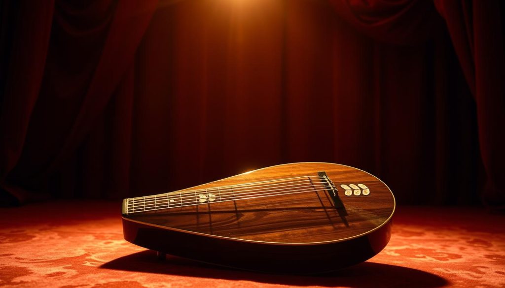 A sleek, Neapolitan mandoline resting on a plush, velvet-lined stage, its polished wooden body and intricate mother-of-pearl inlays catching the warm, golden light from a nearby spotlight. In the background, a sweeping, Baroque-inspired curtain in deep crimson billows, creating a sense of grandeur and elegance. The mandoline is positioned as the focal point, its delicate silhouette and rich, resonant tone embodying the music of Naples and the virtuosic artistry of the classical era.