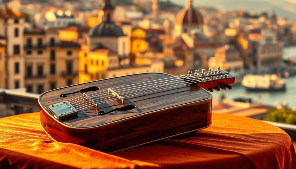 A vibrant, detailed mandoline resting on a velvet-draped table, its intricate wooden body and gleaming metal strings capturing the essence of Neapolitan music. The instrument is bathed in warm, golden lighting, casting soft shadows that accentuate its elegant curves. In the background, a blurred cityscape of historic Neapolitan architecture provides a captivating backdrop, hinting at the rich cultural heritage that has inspired generations of mandoline composers and performers. The overall mood is one of refined sophistication, inviting the viewer to imagine the soulful melodies that this instrument can produce.