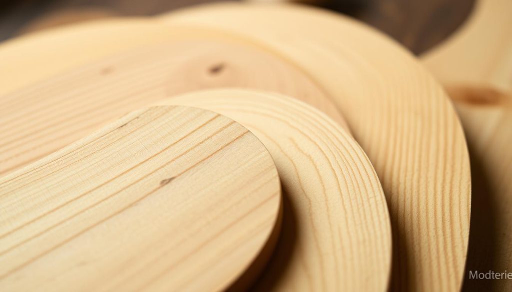 A well-lit, close-up view of a selection of fine-grained, light-colored wood samples, showcasing their intricate grains and textures. The samples are arranged in the foreground, with a soft, blurred background to emphasize the materials. Careful lighting highlights the subtle variations in color and tone, as well as the natural patterns and characteristics that contribute to the acoustic properties of these woods, commonly used in the construction of mandolins and other stringed instruments. The overall composition conveys a sense of craftsmanship, attention to detail, and the importance of wood selection in lutherie.