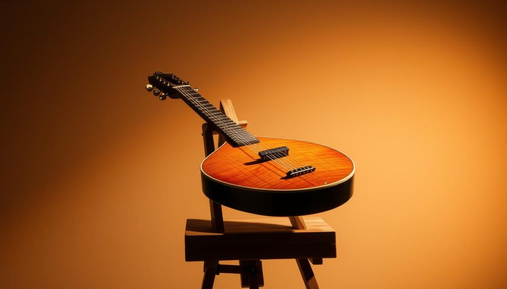 A well-lit studio scene with a mandoline resting atop an easel, the neck and bridge in sharp focus. The mandoline is positioned at a slight angle, casting a soft shadow on the wooden surface below. The background is a neutral, muted tone, allowing the instrument to take center stage. Warm, directional lighting emanates from the left, creating subtle highlights and shadows that accentuate the mandoline's intricate details. The overall mood is one of contemplation and attention to the instrument's maintenance and upkeep. A well-lit studio scene with a mandoline resting atop an easel, the neck and bridge in sharp focus. The mandoline is positioned at a slight angle, casting a soft shadow on the wooden surface below. The background is a neutral, muted tone, allowing the instrument to take center stage. Warm, directional lighting emanates from the left, creating subtle highlights and shadows that accentuate the mandoline's intricate details. The overall mood is one of contemplation and attention to the instrument's maintenance and upkeep.