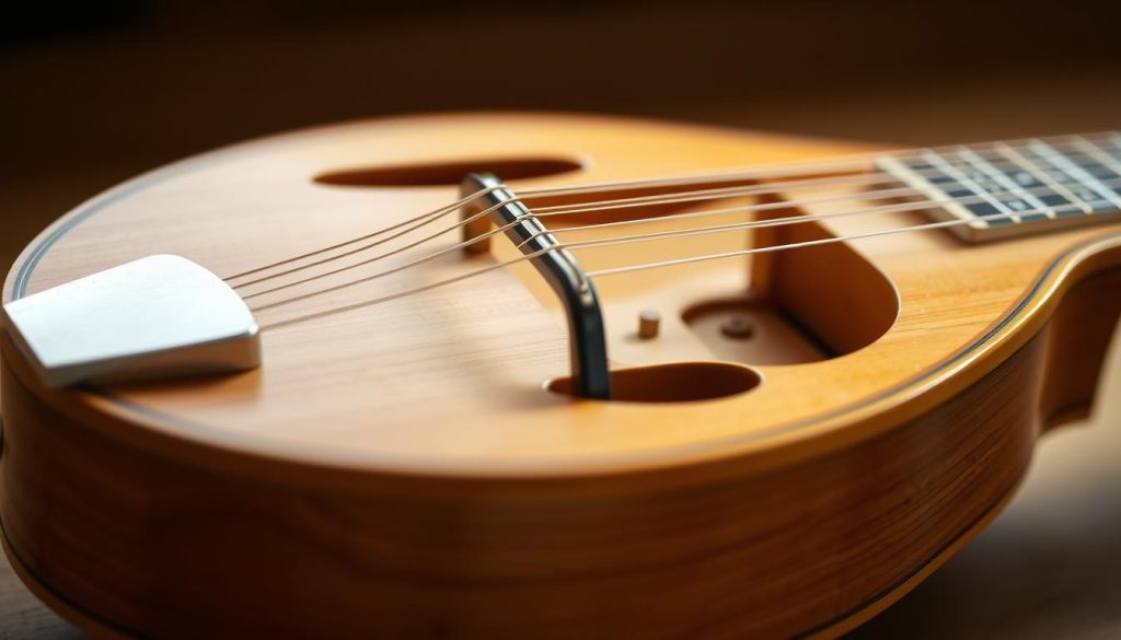 Detailed geometric cross-section of a well-crafted mandolin, showcasing its intricate construction. A precisely rendered instrument with a beautifully carved top, delicate sound holes, and precisely angled bracing within a warm, golden-toned wooden body. The lighting is soft and directional, accentuating the elegant curves and contours of the mandolin's design. The perspective is slightly elevated, allowing the viewer to appreciate the harmonious marriage of form and function that defines a high-quality mandolin. The atmosphere is one of reverence and appreciation for the skilled luthier's craft.