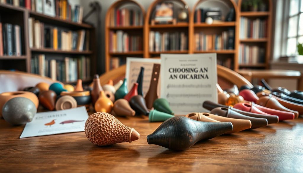 A beautifully arranged display of various ocarinas set on a wooden table, showcasing different styles and colors. In the foreground, a few textured clay ocarinas are artistically positioned, reflecting soft natural light that highlights their unique designs and a slight sheen. In the middle ground, an instructional booklet about choosing an ocarina is partially visible, with simple diagrams and a color palette. The background features a cozy, well-lit music room with bookshelves filled with music books, enhancing the musical theme. The atmosphere is inviting and educational, perfect for beginners exploring their musical journey with the ocarina. The lighting is warm and inviting, capturing a sense of comfort and creativity. A beautifully arranged display of various ocarinas set on a wooden table, showcasing different styles and colors. In the foreground, a few textured clay ocarinas are artistically positioned, reflecting soft natural light that highlights their unique designs and a slight sheen. In the middle ground, an instructional booklet about choosing an ocarina is partially visible, with simple diagrams and a color palette. The background features a cozy, well-lit music room with bookshelves filled with music books, enhancing the musical theme. The atmosphere is inviting and educational, perfect for beginners exploring their musical journey with the ocarina. The lighting is warm and inviting, capturing a sense of comfort and creativity.