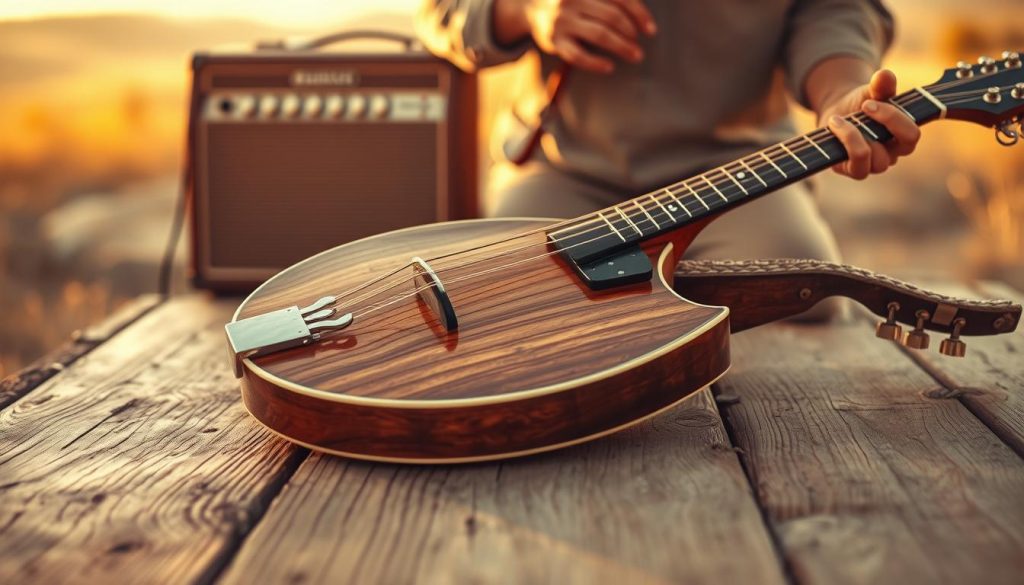 A bluegrass mandolin on a weathered wooden surface, captured in warm, golden light. The instrument's carved wooden body and metallic strings stand out in crisp detail, reflecting the musician's skilled touch. In the middle ground, a vintage amplifier and the musician's calloused hands hint at the soulful, rhythmic melodies about to unfold. The background blurs into a soft, sepia-toned countryside, evoking the rustic charm of the genre. The overall scene radiates an atmosphere of authenticity, creativity, and the enduring legacy of American roots music.