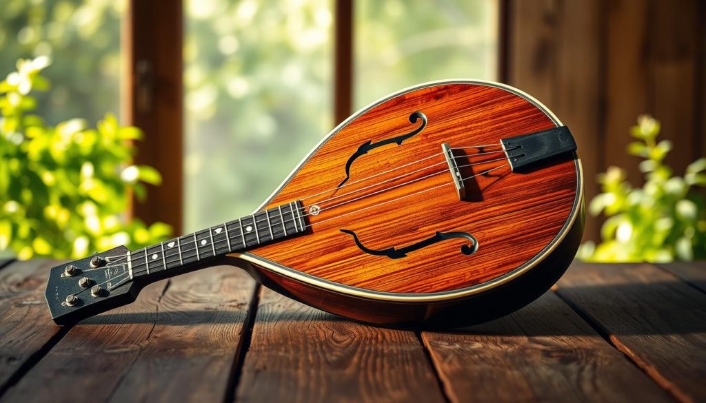 A bluegrass mandoline resting on a wooden table, surrounded by a softly lit studio setting. The instrument is captured in a warm, natural light, highlighting the rich grain of the wood and the intricate details of its shape. In the background, a hint of lush, verdant foliage suggests a pastoral, countryside atmosphere, evoking the traditional roots of bluegrass music. The overall composition conveys a sense of contemplation and creativity, inviting the viewer to imagine the melodic possibilities of the mandoline within the context of a bluegrass ensemble performance. A bluegrass mandoline resting on a wooden table, surrounded by a softly lit studio setting. The instrument is captured in a warm, natural light, highlighting the rich grain of the wood and the intricate details of its shape. In the background, a hint of lush, verdant foliage suggests a pastoral, countryside atmosphere, evoking the traditional roots of bluegrass music. The overall composition conveys a sense of contemplation and creativity, inviting the viewer to imagine the melodic possibilities of the mandoline within the context of a bluegrass ensemble performance.