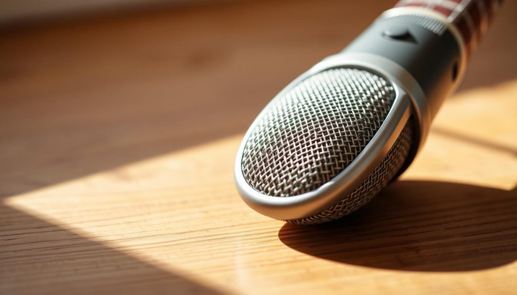 A close-up image of a high-quality condenser microphone in a mono configuration, resting on a wooden surface. The microphone has a sleek, silver-gray body with a perforated grille. It is positioned in the center of the frame, capturing the subject in sharp focus. The lighting is natural, creating soft shadows that accentuate the microphone's form. The background is blurred, emphasizing the microphone as the central focus. The overall atmosphere is calm, professional, and suitable for recording acoustic instruments like a mandolin.