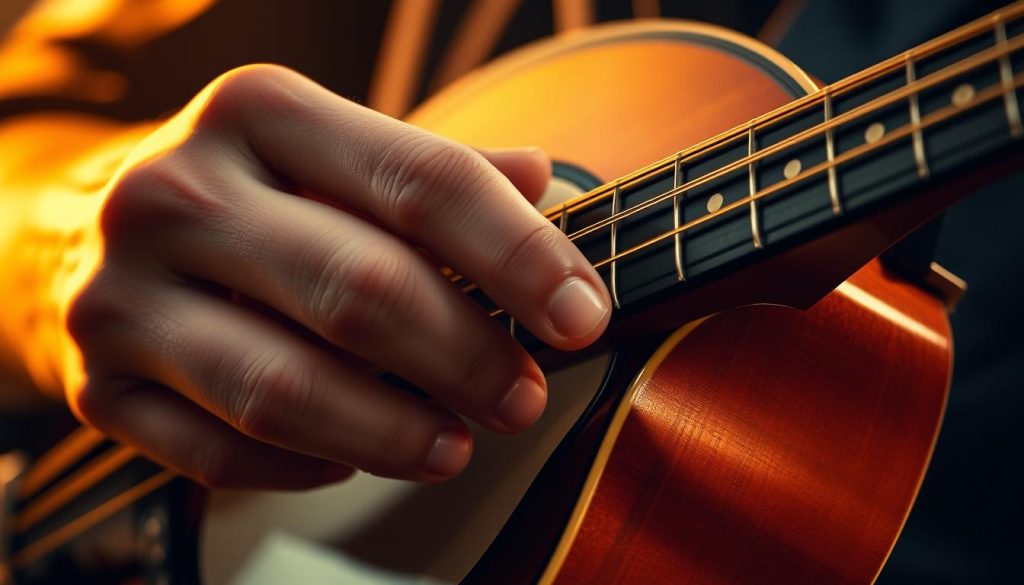 A close-up view of a skilled musician's right hand delicately gliding across the strings of a mandolin. The fingers dance with precision and grace, coaxing out a rich, melodic tone. Warm lighting casts a soft glow, highlighting the intricate finger movements and the polished surface of the instrument. The background is slightly blurred, placing the focus entirely on the performer's dexterous hand and the captivating musical performance. The composition emphasizes the artistry and technical mastery required to create the beautiful, expressive melodies of the mandolin. A close-up view of a skilled musician's right hand delicately gliding across the strings of a mandolin. The fingers dance with precision and grace, coaxing out a rich, melodic tone. Warm lighting casts a soft glow, highlighting the intricate finger movements and the polished surface of the instrument. The background is slightly blurred, placing the focus entirely on the performer's dexterous hand and the captivating musical performance. The composition emphasizes the artistry and technical mastery required to create the beautiful, expressive melodies of the mandolin.
