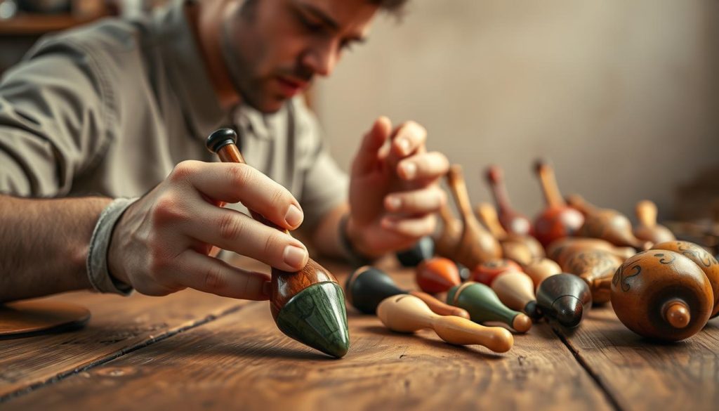 A close-up view of a variety of beautifully crafted ocarinas arranged on a rustic wooden table, showcasing different shapes, sizes, and colors that indicate various skill levels and musical scales. In the foreground, a skilled musician wearing a modest casual shirt is intently examining one of the ocarinas, deliberating on its fit for their level. The middle ground features additional ocarinas with intricate designs, highlighting the diversity of the instruments. The background softly fades out with warm, ambient lighting, creating a serene atmosphere that emphasizes the joy of music. The focus is sharp on the ocarinas and the musician's hands, highlighting textures and details, while the background remains pleasantly blurred, enhancing the contemplative mood of choosing the right instrument.
