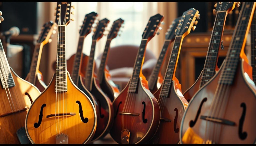 A collection of vintage mandolins arranged in a visually captivating playlist, bathed in warm, golden light. The instruments are meticulously detailed, their wood grains and intricate inlays evident. They are positioned in the foreground, inviting the viewer to explore their unique tones and histories. In the middle ground, a soft, blurred background suggests a cozy, intimate setting, perhaps a recording studio or a musician's practice space. The overall mood is one of reverence and appreciation for the mandoline, a versatile and beloved instrument that has graced countless musical compositions throughout the ages.