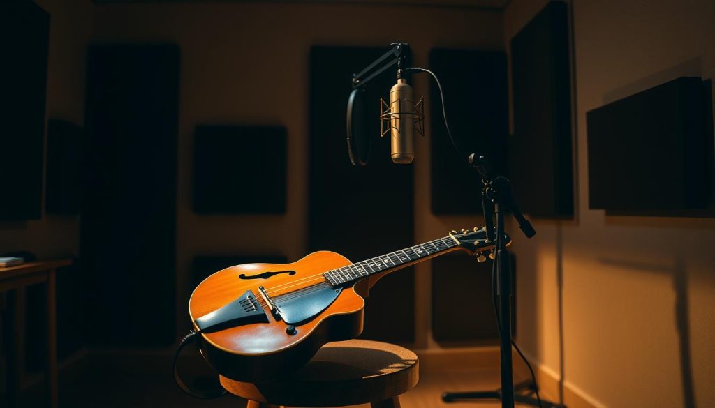 A cozy, dimly lit home recording studio with natural, warm lighting. In the foreground, a well-placed acoustic guitar resting on a sturdy wooden stool, its strings gently illuminated. In the middle ground, a high-quality condenser microphone mounted on a sleek, adjustable stand, angled towards the guitar. The background features sound-absorbing panels lining the walls, creating a harmonious, acoustically-optimized environment. The overall atmosphere is one of focused concentration, with attention to detail and a commitment to capturing the authentic, resonant tones of the mandolin.