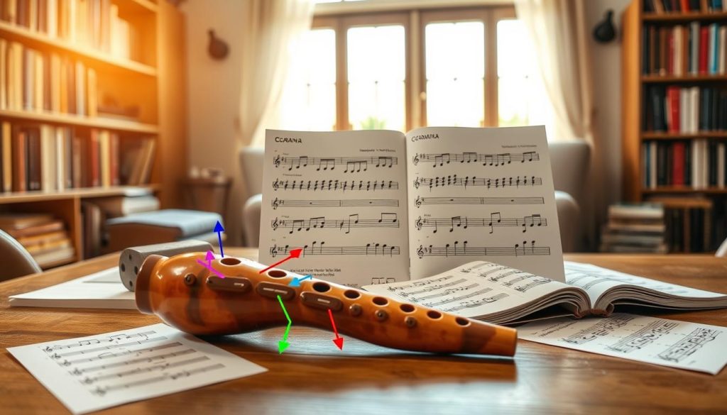 A cozy, well-lit room showcasing an ocarina on a wooden table surrounded by sheet music. In the foreground, the ocarina, a beautifully crafted ceramic piece, is accompanied by colorful annotations indicating different finger positions. In the middle, the sheet music displays melodic notes tailored for ocarina, with arrows illustrating how they adapt to the instrument’s holes. The background features a soft-focus bookshelf filled with music theory books and a window letting in warm, diffused sunlight, creating an inviting atmosphere. The mood is inspiring and educational, inviting musicians to explore the art of adapting music to the unique character of the ocarina.